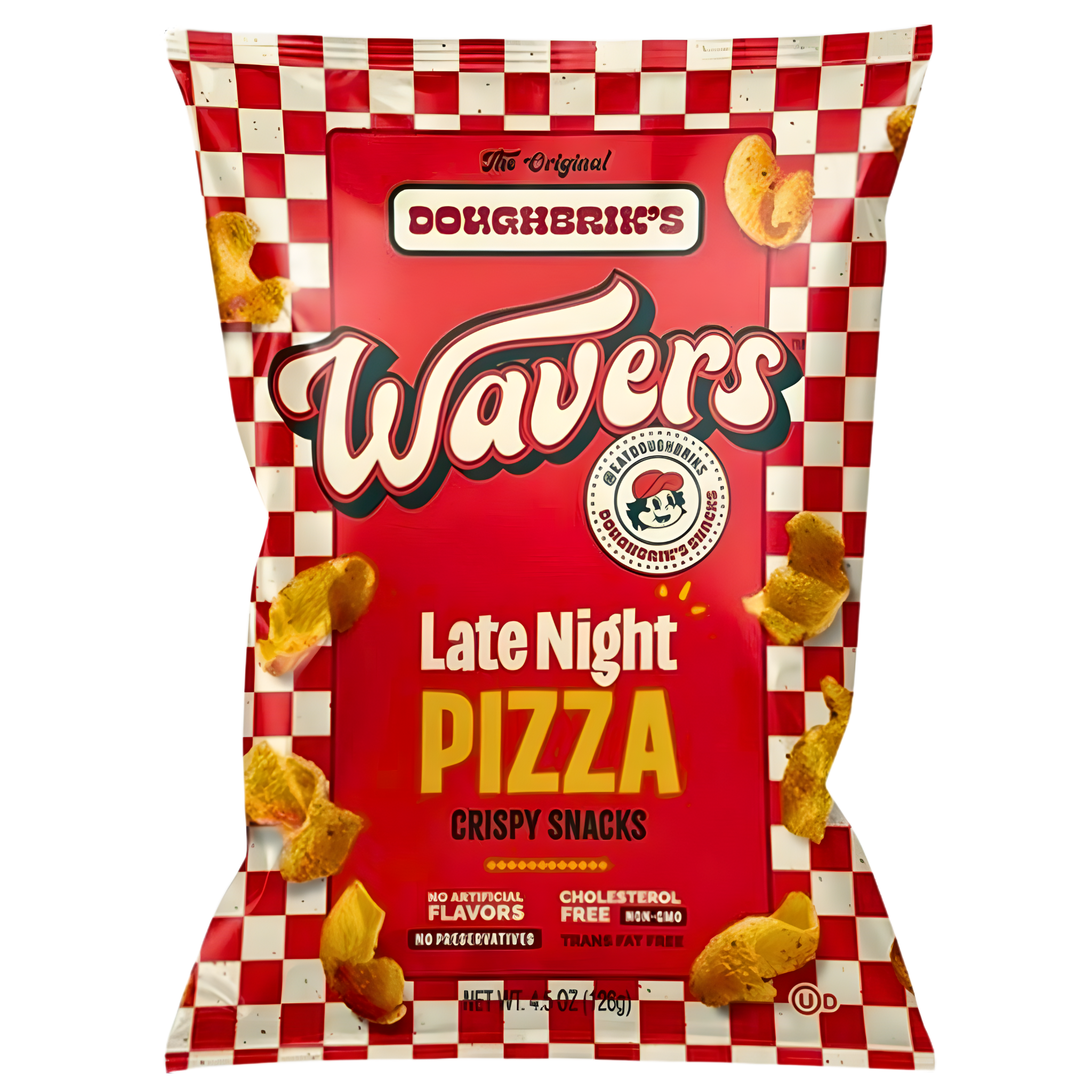 Front of Doughbrik’s Wavers Late Night Pizza Crispy Snacks bag featuring red design, logo, and checkered pattern (126g pack)