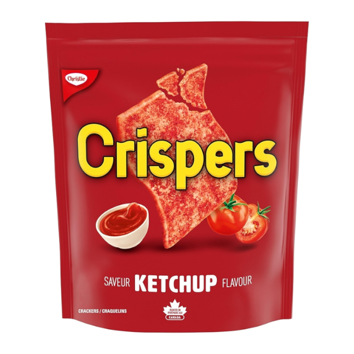 Front of Crisppers Ketchup Crackers bag featuring bold yellow logo, ketchup flavour label, and image of crackers and dipping sauce (145g pack)