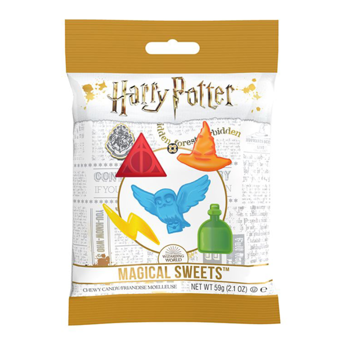 Front of Harry Potter Magical Sweets bag featuring colourful chewy candies in playful shapes, with the logo and pack size (59g)