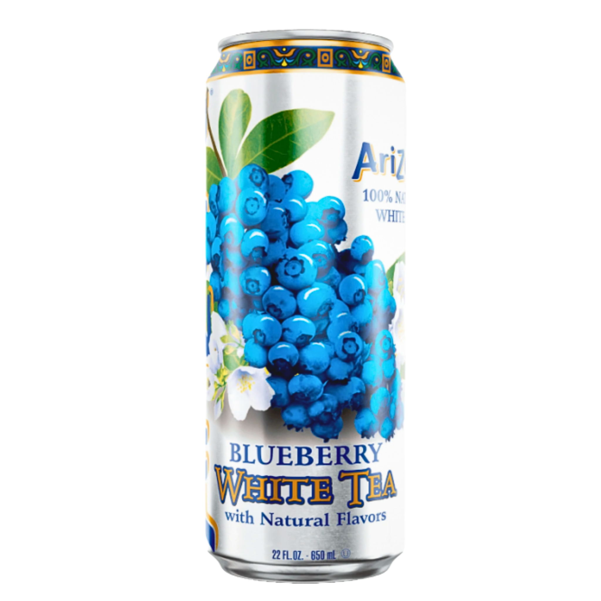 Front label of AriZona Blueberry White Tea (650ml), displaying flavour and branding.