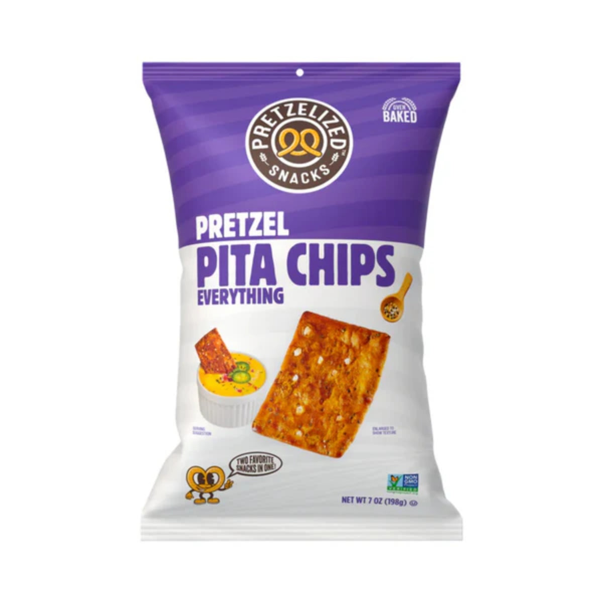 Front of Pretzel Pita Chips Everything Flavour bag, showcasing the purple packaging with bold text and images of the chips and dip (198g pack)