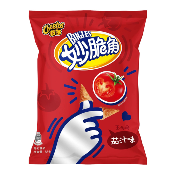 Front of Cheetos Bugles Tomato Juice bag featuring logo, tomato flavour imagery, and crunchy corn snacks (65g pack)