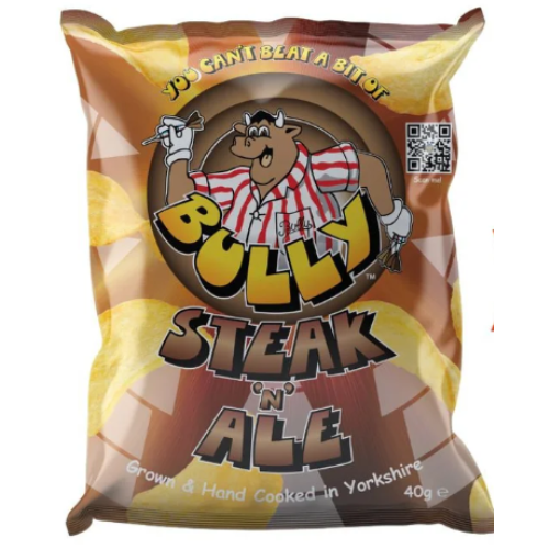 Front of Bully Crisps Steak'N'Ale bag showing logo, steak and ale flavour label, and pack size (40g)