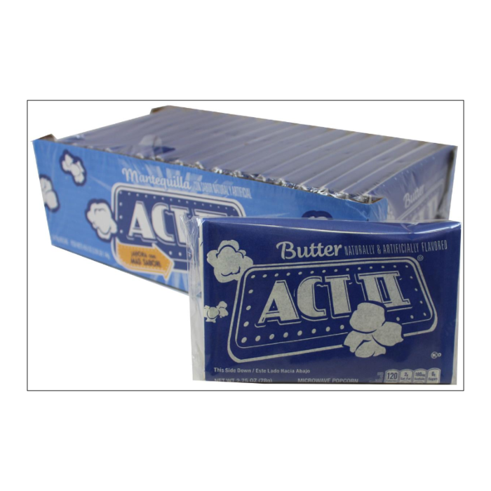 Front of Act II Popcorn Butter package showing the blue and white logo, butter flavour label, and popcorn imagery (78g pack)