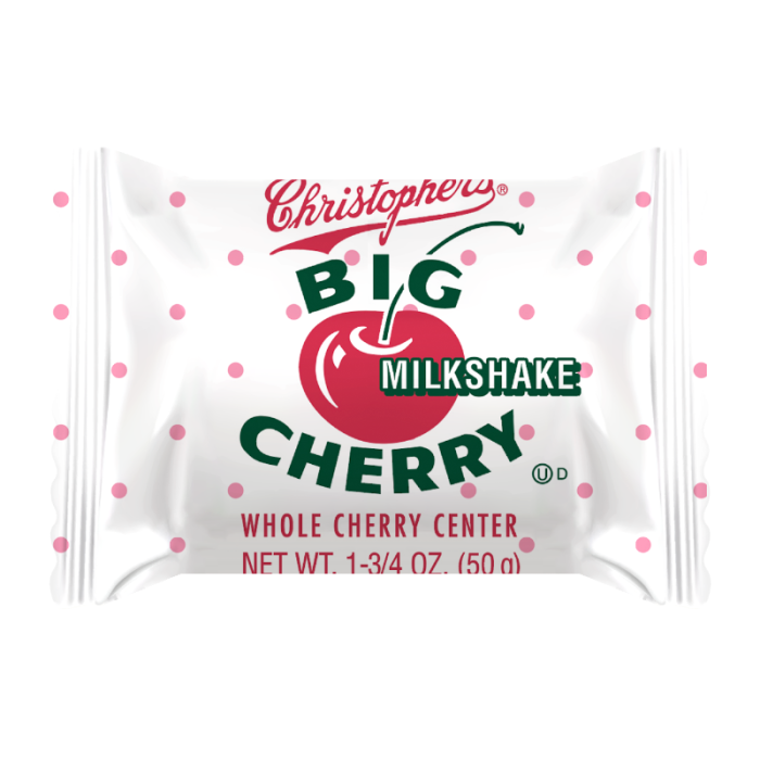 Front of Adams & Brooks Big Cherry Milkshake package showing bright red cherry graphic, playful design, and 50g pack size with whole cherry centre indication.