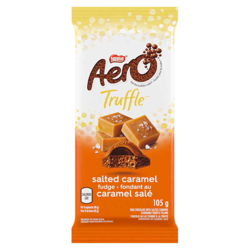 Front of Aero Truffle Salted Caramel packaging showing the logo, salted caramel fudge imagery, and 105g pack size.