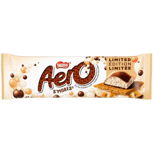 Front of Aero S'mores Chocolate bar showing the brand logo, product name, and an image of the chocolate with s'mores design (42g pack)