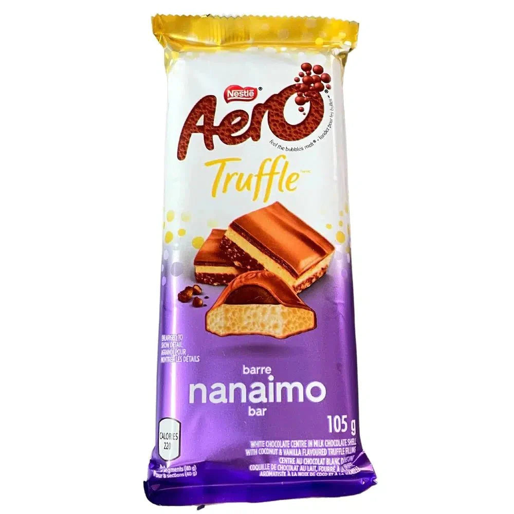 Front of Aero Truffle Nanaimo package featuring the Nestlé logo, truffle bar image, and description indicating white chocolate centre, coconut, and vanilla flavour (105g pack)