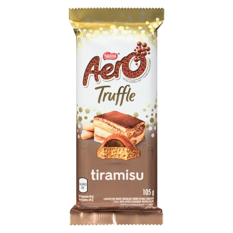 Front of Aero Truffle Tiramisu packaging showcasing the logo, flavour details, and pack size (105g)