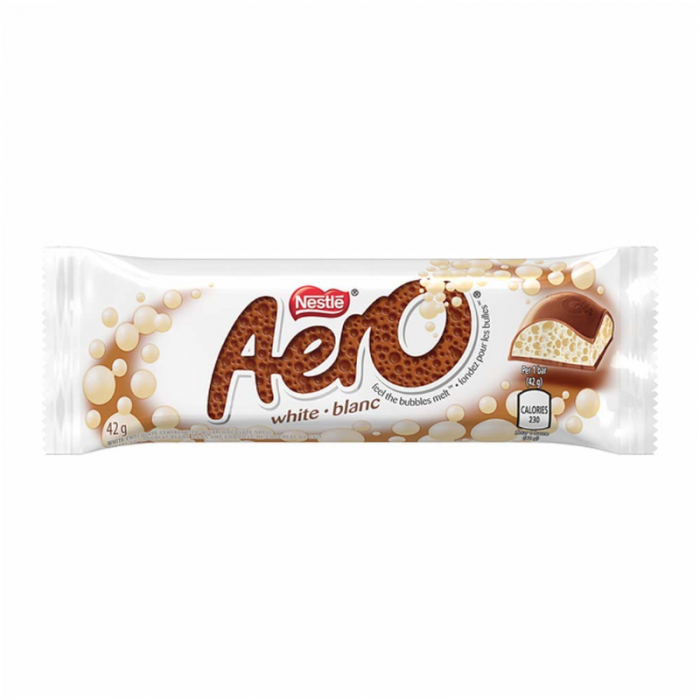 Front of Aero White Chocolate bar showing the Nestlé logo, white chocolate flavour, and 42g pack size