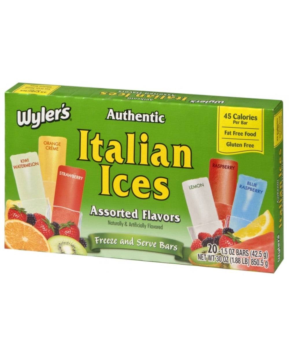 Front of Wyler’s Authentic Italian Ices Assorted Flavours package showing logo, assorted flavours, and 283g size details