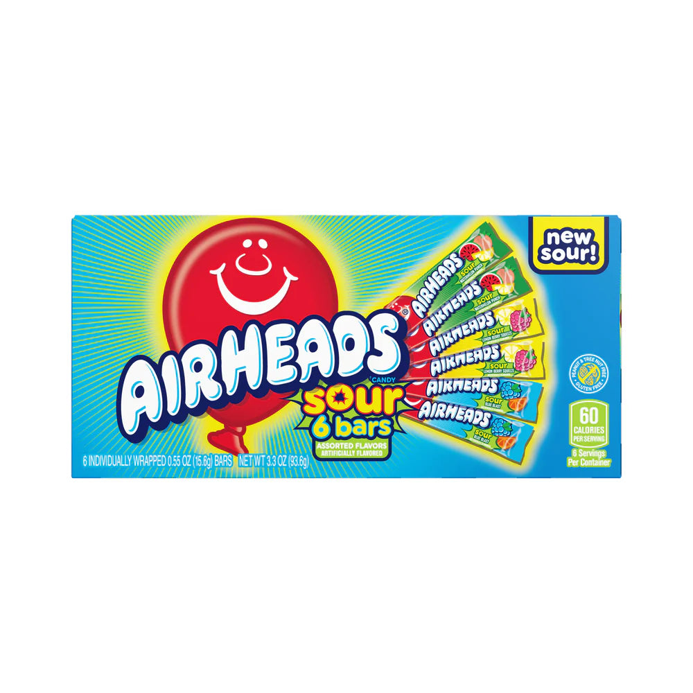 Front of Airheads Assorted Sour Theatre Box showing colourful packaging with assorted sour bars and the Airheads logo (93.6g pack)