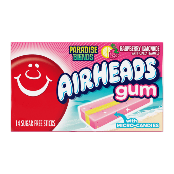 Front of Airheads Gum Paradise Blends Raspberry Lemonade pack showing pink and blue packaging with raspberry and lemonade illustrations (34g pack)