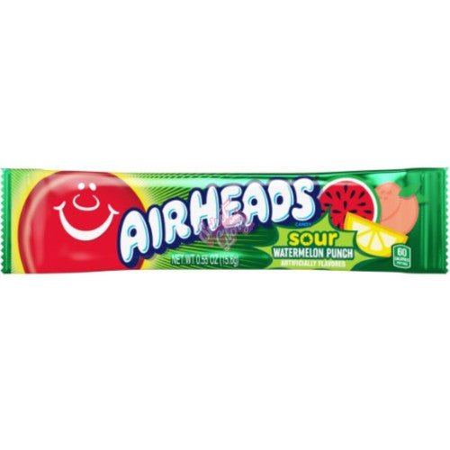 Front of Airheads Sour Watermelon Punch Bar packaging showing vibrant colour scheme with logo, watermelon graphics, and 15.6g size