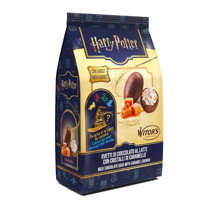 Front of Harry Potter Milk Chocolate Caramel Filled Creme Eggs pack showing logo with caramel and chocolate egg design (120g)
