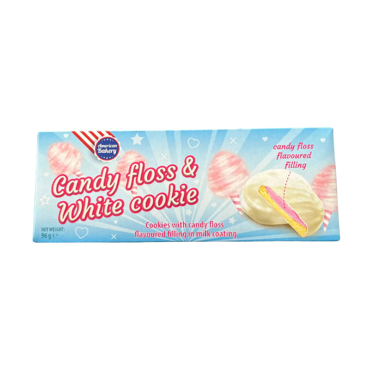 Front of American Bakery Candy Floss & White Chocolate Cookies packaging showing pink candy floss and white cookie design, featuring 96g pack size