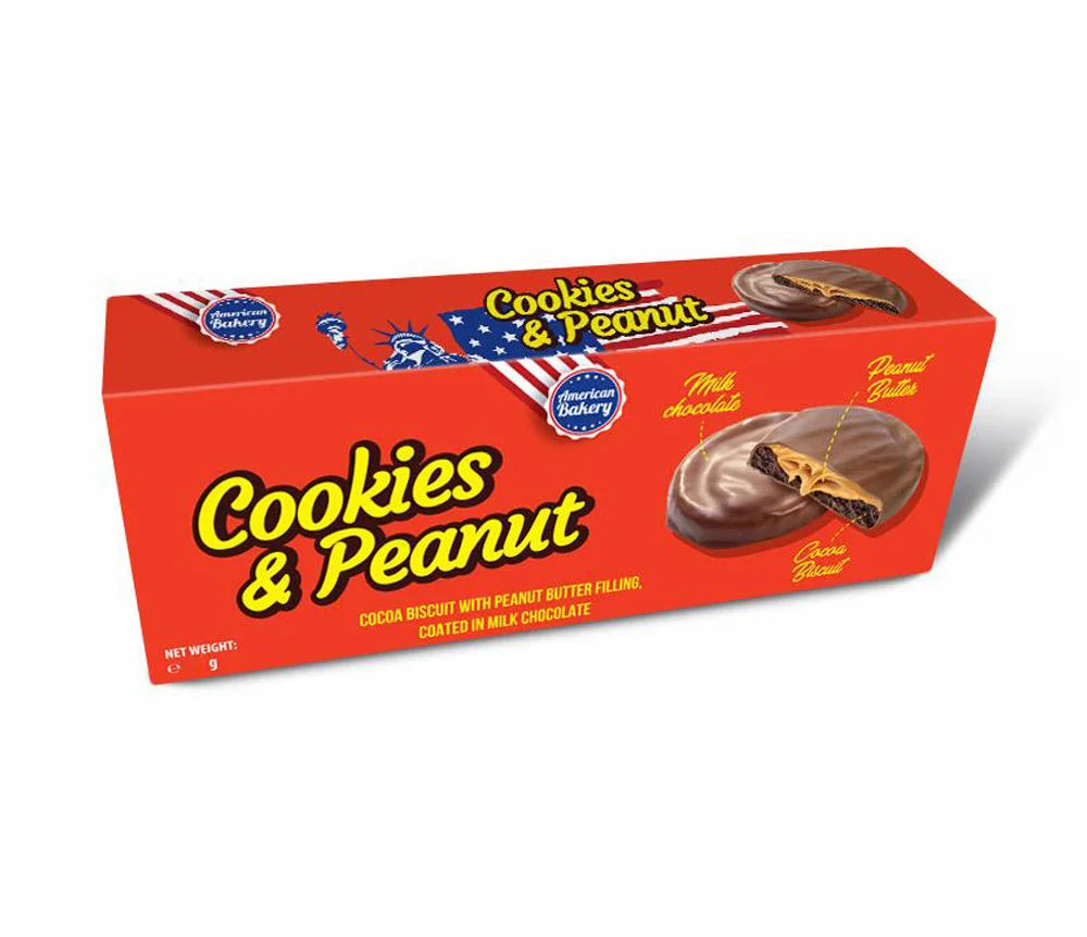 Front of American Bakery Peanut Butter Chocolate Biscuits box showing logo, peanut butter chocolate biscuit, and pack size (96g)