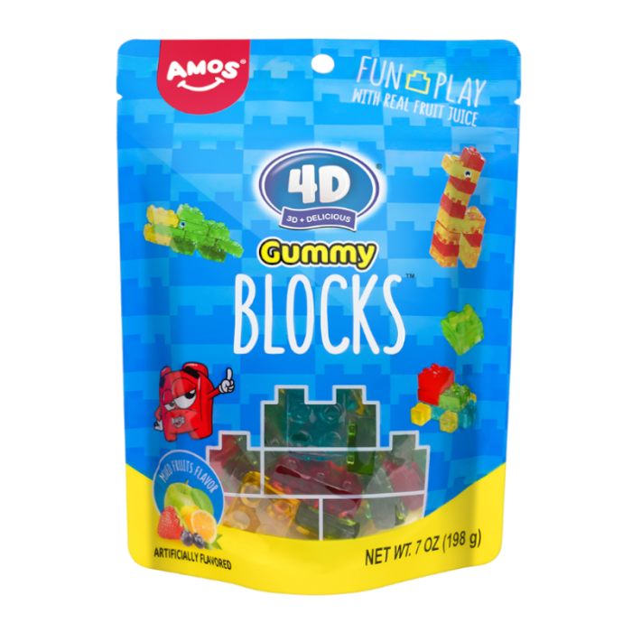 Front of Amos 4D Gummy Blocks bag featuring the logo, colourful gummy blocks, and 198g pack size with real fruit juice reference.