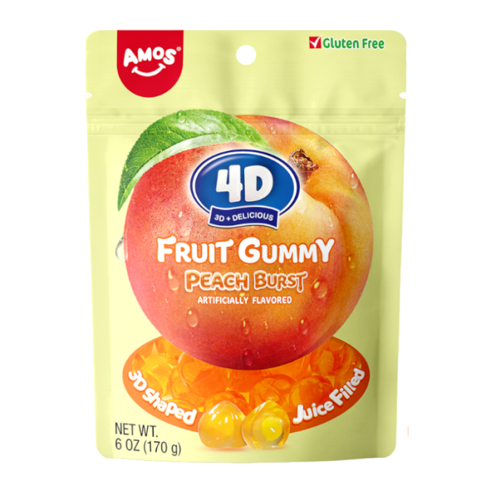Front of Amos 4D Fruit Gummy Peach Burst bag showing a peach illustration, 3D shape gummies, and “Peach Burst” label (170g pack)