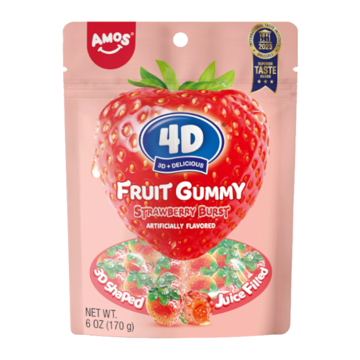 Front of Amos 4D Fruit Gummy Strawberry packet showing bold logo, strawberry-flavour label, and 3D shaped gummies (170g pack)