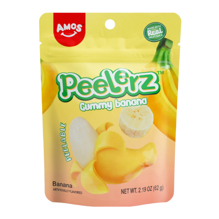 Front of Amos Peelerz Banana pouch showing green logo, gummy banana image, and bright yellow background (170g pack)