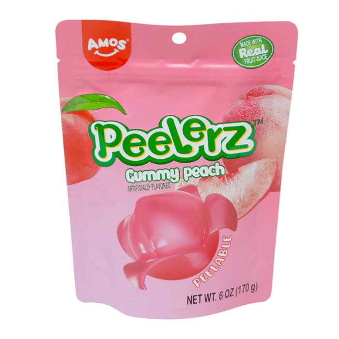 Front of Amos Peelerz Peach bag showcasing bright pink packaging, the logo, and images of peach gummies (170g pack)
