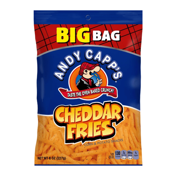 Front of a big bag of Andy Capp Cheddar Fries showing bold cheesy snack label and crunchy texture (226g pack)