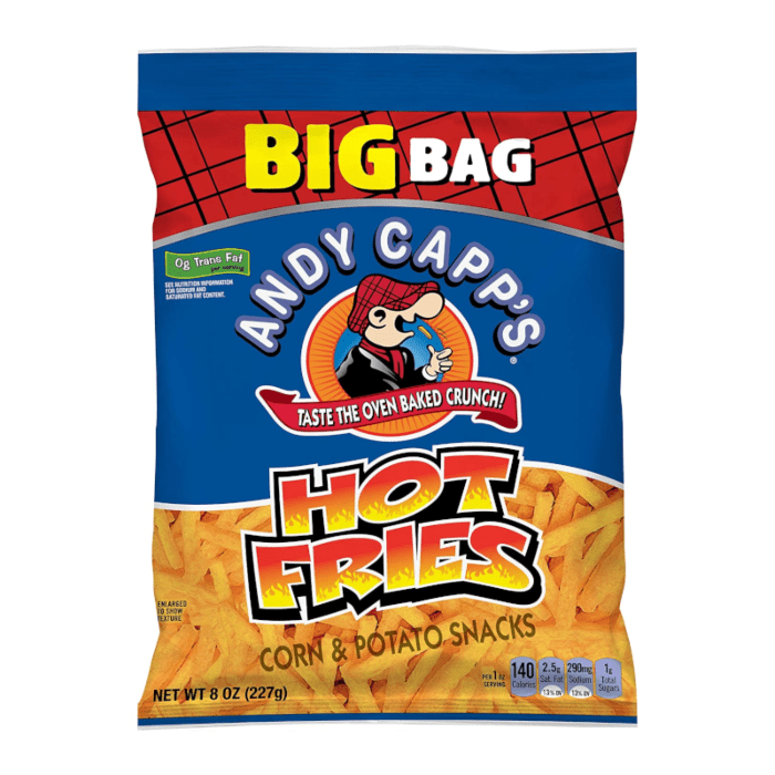 Front of a BIG BAG of Andy Capp Hot Fries showing bold logo and spicy snack visuals (226g pack)