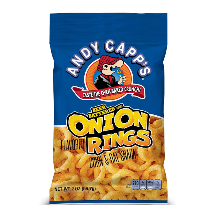 Front of Andy Capp's Beer Battered Onion Rings bag showing logo, flavour details, and pack size (56.7g).