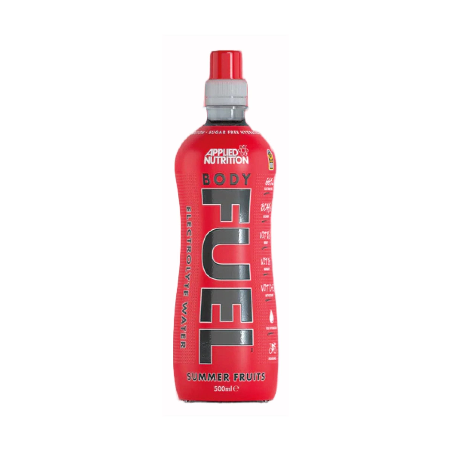 Front of Body Fuel Summer Fruits bottle showing bold grey logo, summer fruits flavour label, and 500ml size indication.