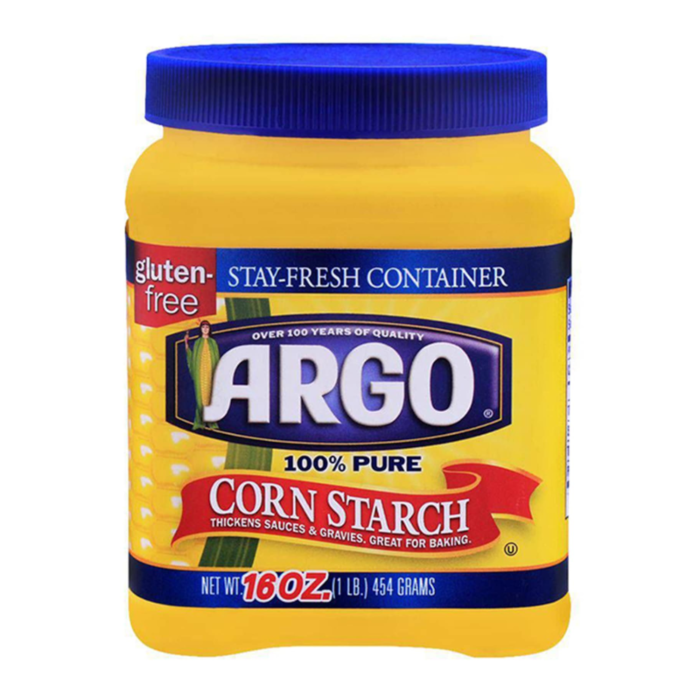 Front of Argo Corn Starch container featuring a bright yellow label, 100% pure corn starch text, and a 454g size indication.