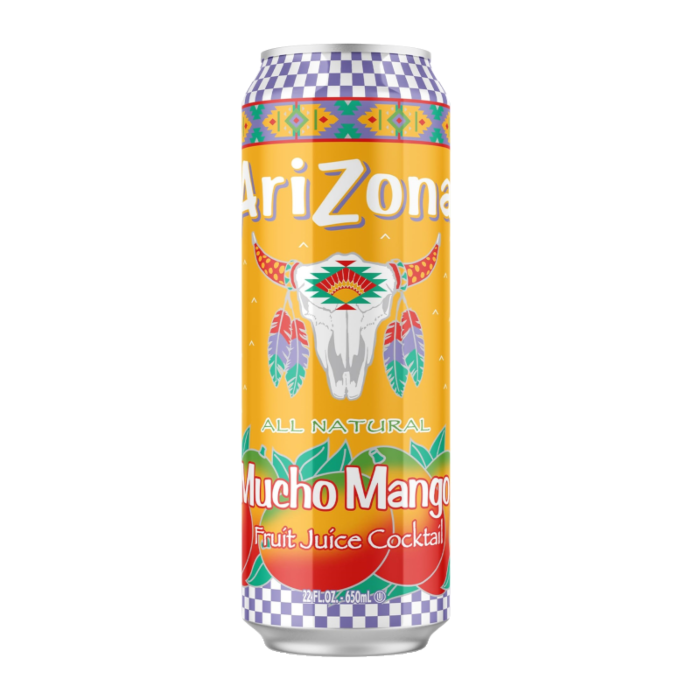 Front of Arizona Mucho Mango can featuring vibrant mango design, all natural label, and logo (650ml pack)