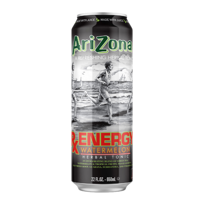 Front of AriZona RX Energy Watermelon can featuring green logo, vibrant watermelon label, and details of herbal tonic (650ml pack)