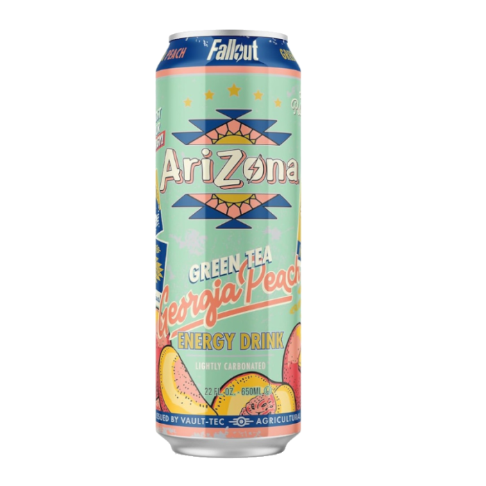 Front of Arizona x Fallout Georgia Peach Green Tea Energy Drink can showing logo, flavour details, and 650ml size
