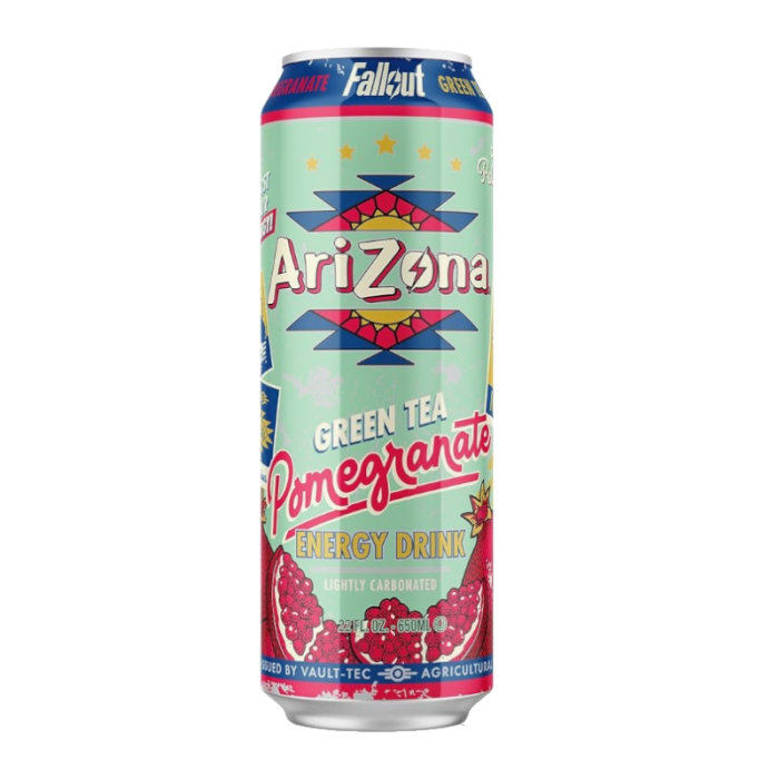 Front of Arizona x Fallout Pomegranate Green Tea Energy Drink can displaying logo, pomegranate imagery, and 650ml product details.