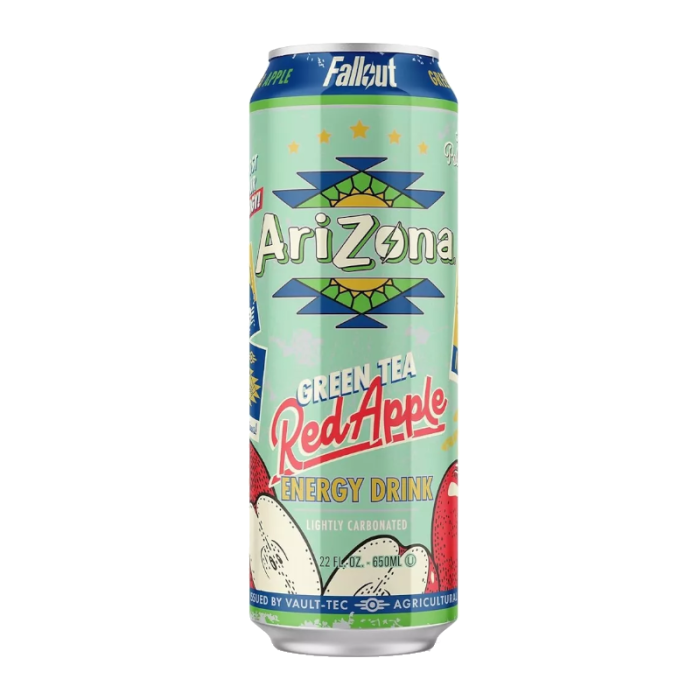 Front of Arizona x Fallout Red Apple Green Tea Energy Drink can featuring logo, red apple flavour label, and 650ml size.