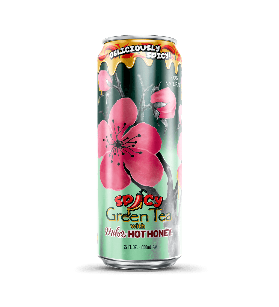 Front of Arizona x Mike's Hot Honey Green Tea can showcasing vibrant floral design, spicy green tea label, and 650ml pack size.
