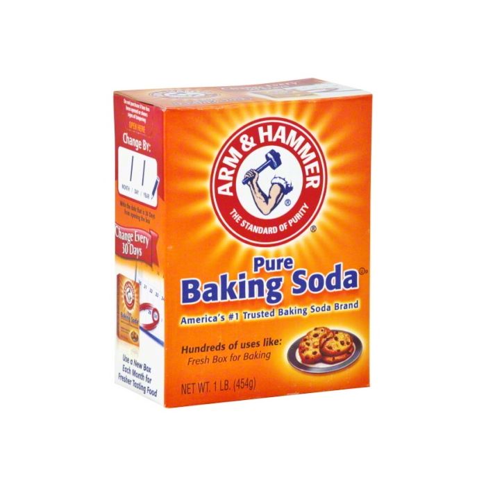 Front of Arm & Hammer Pure Baking Soda box showing logo, product name, and details with a pack size of 454g.