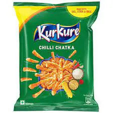 Front of Kurkure Chilli Chatka bag displaying the vibrant logo, spicy chilli snack design, and pack size (85g)