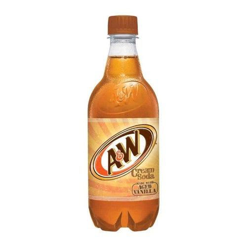Front of A&W Cream Soda bottle showing the logo, aged vanilla details, and vibrant label design (591ml pack)