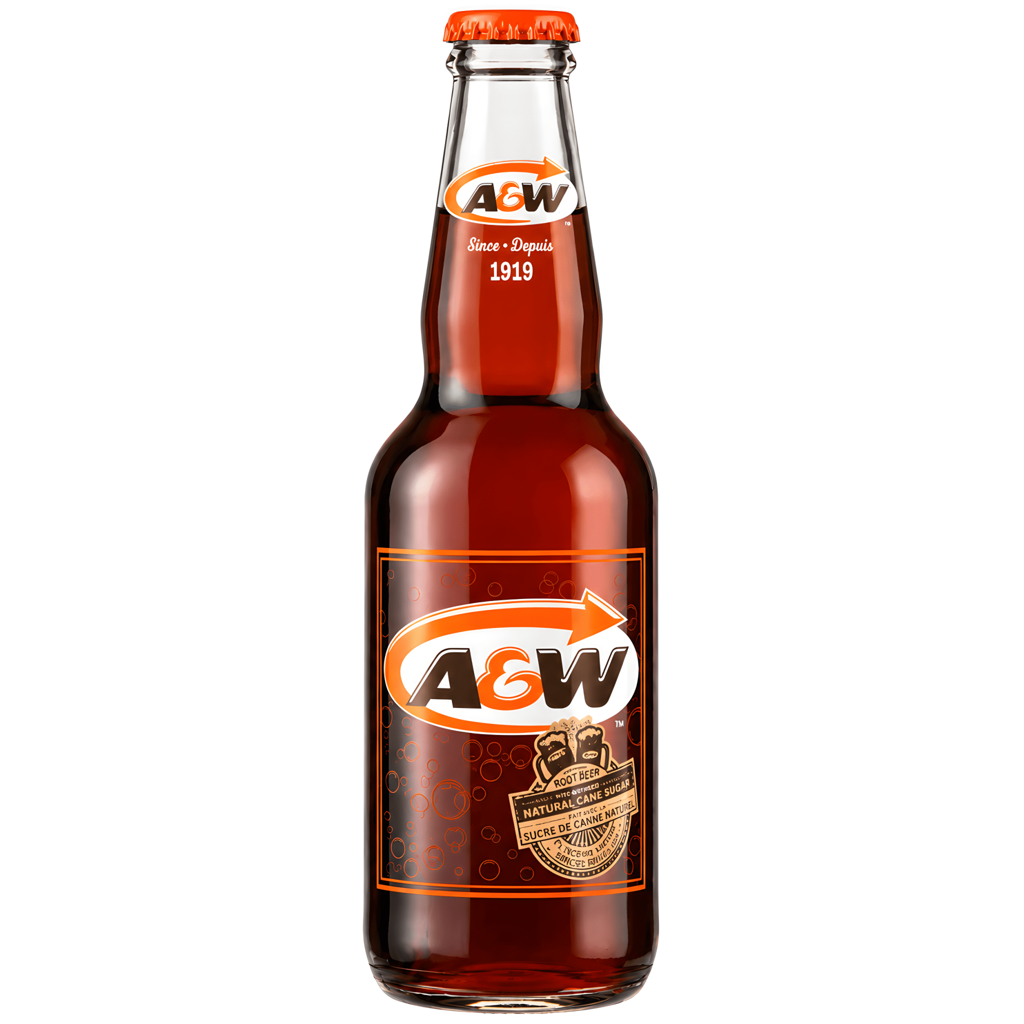 A glass bottle of A&W Root Beer against a plain white background, showcasing the amber liquid, an orange cap, and the classic A&W logo on the front label.