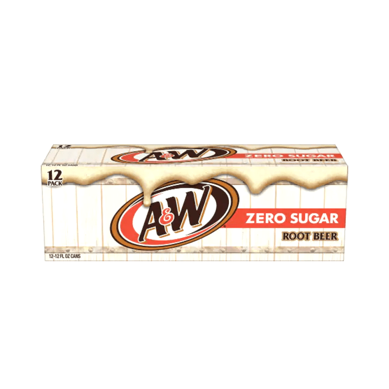 Front of A&W Zero Sugar Root Beer case showing logo, zero sugar label, and packaging details (Case of 12 cans, 355ml each)