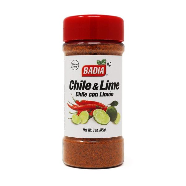 Front of Badia Chile & Lime bottle showing the logo, red lid, image of chili peppers and lime, and label details (85g pack)