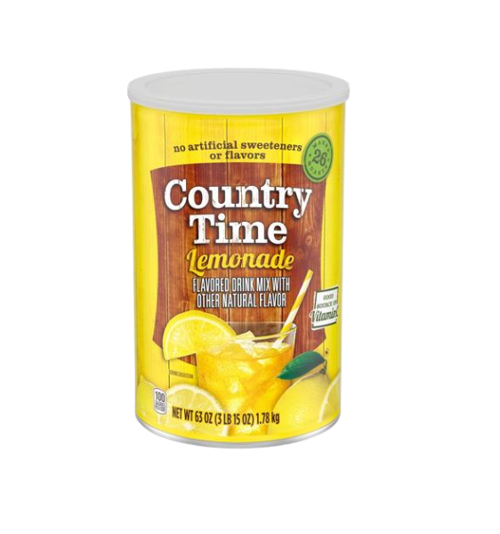 Front of Country Time Lemonade Powdered Drink Mix Tub showing yellow packaging, brand logo, refreshing lemonade image, and 1.78kg size