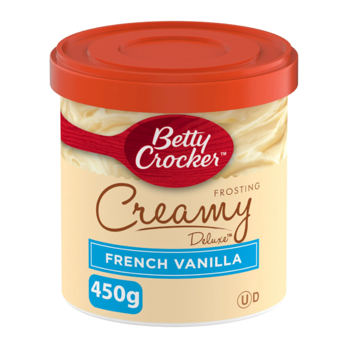 Front of Betty Crocker French Vanilla Frosting tub with logo, creamy vanilla label, and 450g size indication