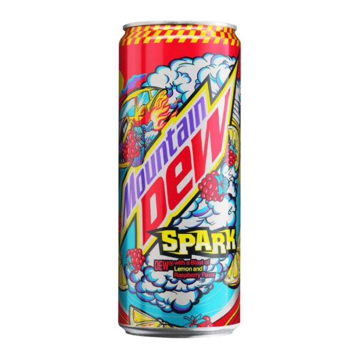 Front of Mountain Dew Spark can featuring bright logo, lemon and raspberry flavour bursts, and 330ml pack size
