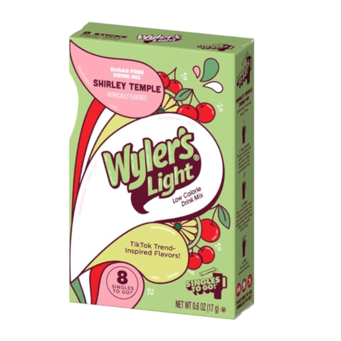 Front of Wyler's Light Singles To Go Watertok Shirley Temple box showing logo, cherry illustrations, and 8 singles for a low-calorie drink mix (17g)