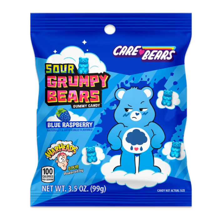 Front of Warheads Care Bears Sour Grumpy Bears bag showcasing the blue raspberry flavour and illustration of the grumpy bear character (99g pack)