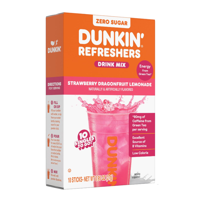 Front of Dunkin' Refreshers Singles to go Strawberry Dragonfruit Lemonade box showing logo, drink mix flavour, and 10 single-serving sticks (27g pack)