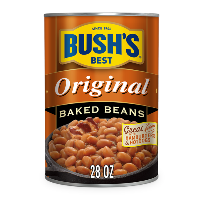 Front of Bush's Best Original Baked Beans can showing logo and beans in a skillet (794g)